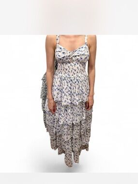 Viral CB Positano Smocked Floral Tiered Maxi Dress Blue and White XS/S Like New